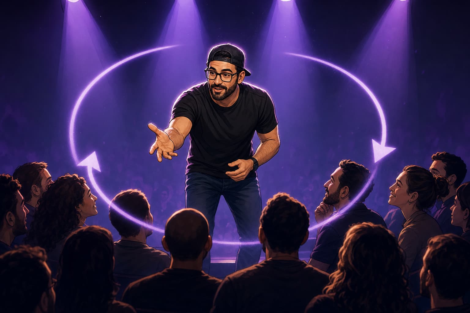 גל עומד על הבמה ומדבר מול קהל — ידו פתוחה לעבר הצופים, מבטו קורא את החדר בזמן אמת