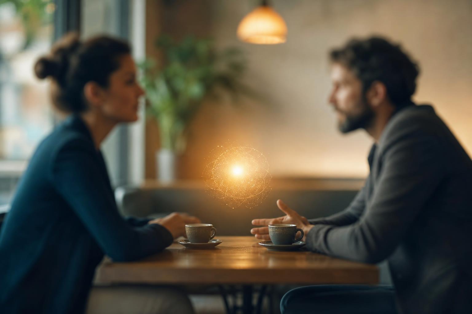 הקריאה מתחילה מהמרחב שבין שני אנשים, לא מתנועה בודדת שני אנשים יושבים זה מול זה בפגישה, ובין שתי הכוסות על השולחן מרחף אור עדין שמסמן את המרחב שביניהם