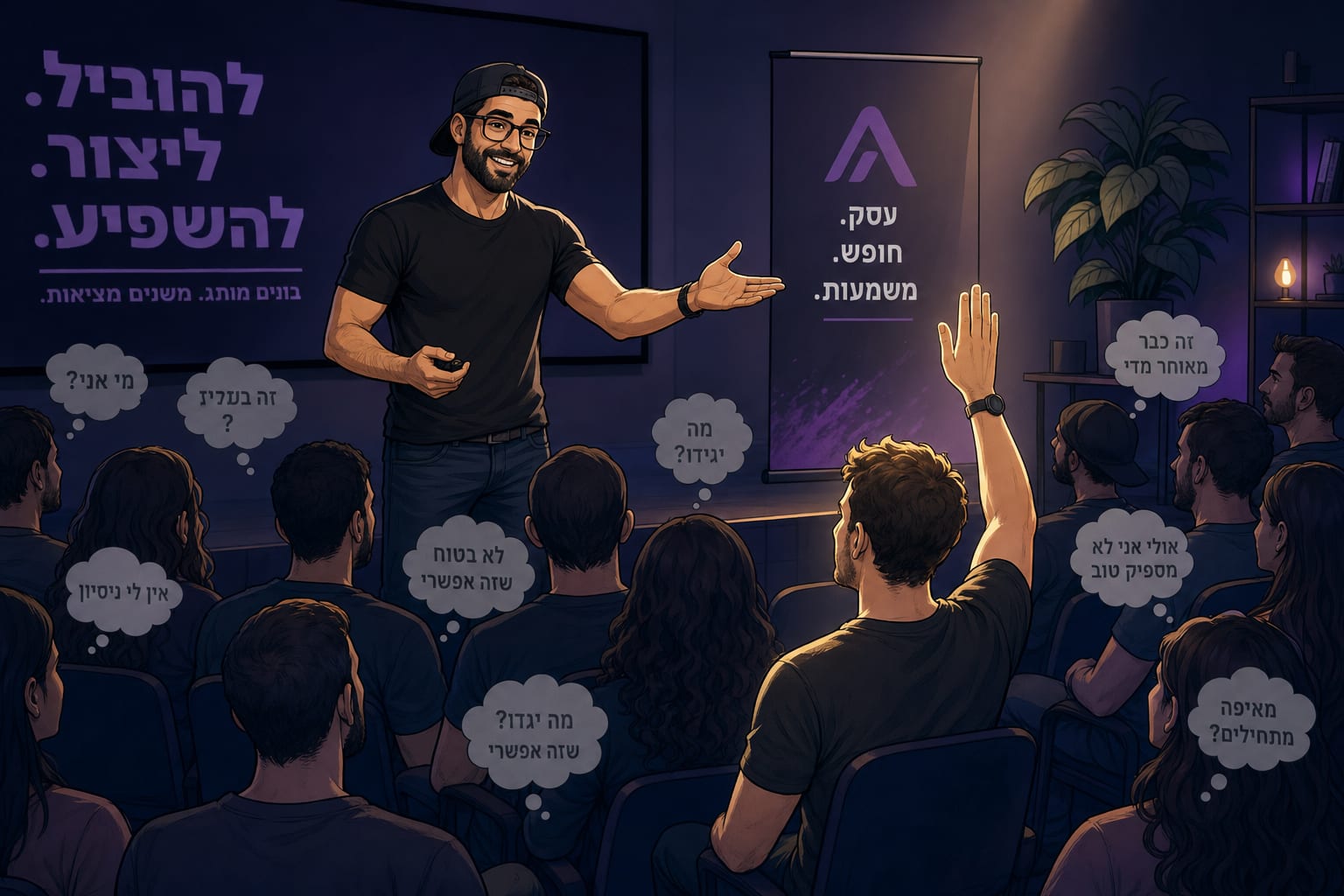 איור: מרצה מול קהל שרובו יושב בשקט עם סימני שאלה מעל הראש, ואדם אחד מרים יד